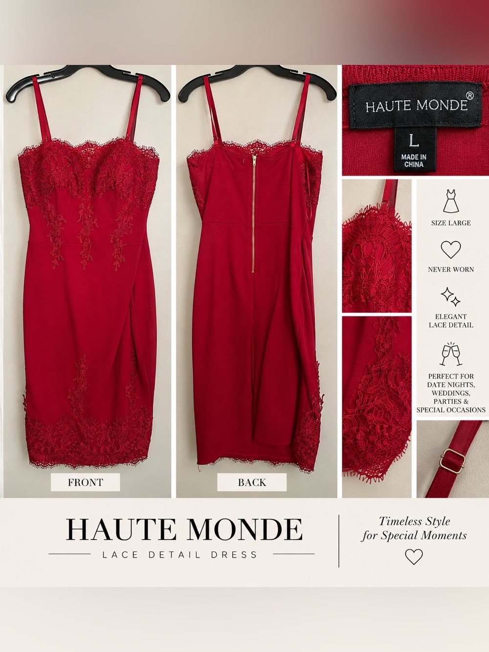 Haute Monde Red Lace-Trim Midi Dress with Spaghetti Straps